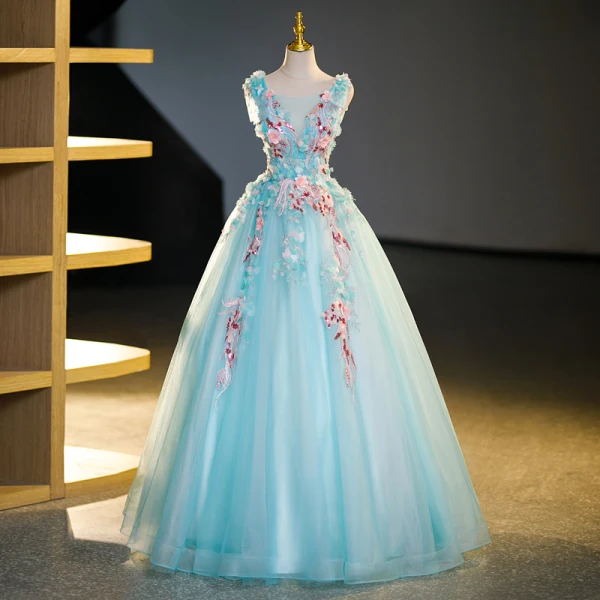 Flower Fairy Mint Green Beading Lace Flower Prom Dresses 2023 Ball Gown Scoop Neck Sleeveless Backless Floor-Length / Long Prom Formal Dresses