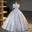 Fashion Silver Beading Sequins Glitter Prom Dresses 2023 Ball Gown Satin Square Neckline Short Sleeve Backless Floor-Length / Long Prom Formal Dresses