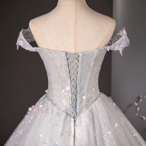 Flower Fairy White Appliques Beading Pearl Sequins Ball Gown Prom Dresses 2024 Off-The-Shoulder Sleeveless Backless Floor-Length / Long Prom Formal Dresses
