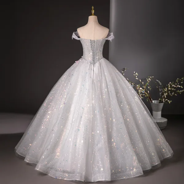 Flower Fairy White Appliques Beading Pearl Sequins Ball Gown Prom Dresses 2024 Off-The-Shoulder Sleeveless Backless Floor-Length / Long Prom Formal Dresses