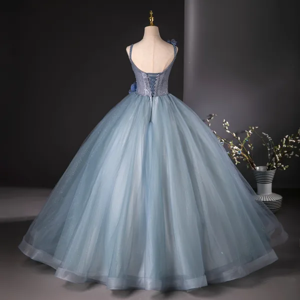 Chic / Beautiful Sky Blue Pearl Rhinestone Appliques Prom Dresses 2024 Ball Gown Spaghetti Straps Sleeveless Backless Floor-Length / Long Prom Formal Dresses
