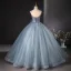 Chic / Beautiful Sky Blue Pearl Rhinestone Appliques Prom Dresses 2024 Ball Gown Spaghetti Straps Sleeveless Backless Floor-Length / Long Prom Formal Dresses