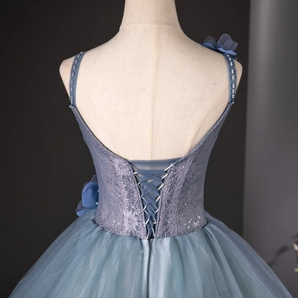 Chic / Beautiful Sky Blue Pearl Rhinestone Appliques Prom Dresses 2024 Ball Gown Spaghetti Straps Sleeveless Backless Floor-Length / Long Prom Formal Dresses