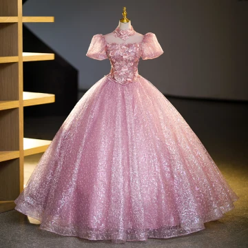 Bling Bling Elegant Candy Pink Rhinestone Sequins Lace Flower Prom Dresses 2023 Ball Gown High Neck Short Sleeve Backless Floor Length Long Prom