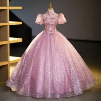 Bling Bling Elegante Pink Strass Pailletten Spitze Blumen Ballkleider 2023 Ballkleid Stehkragen Kurze Ärmel Rückenfreies Lange Ball