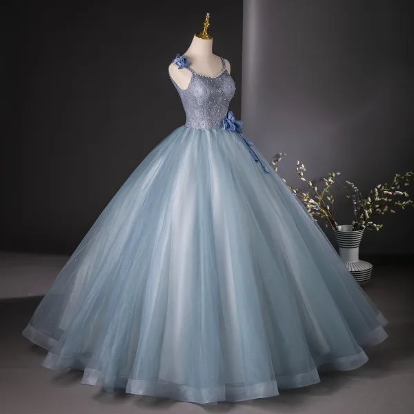 Chic / Beautiful Sky Blue Pearl Rhinestone Appliques Prom Dresses 2024 Ball Gown Spaghetti Straps Sleeveless Backless Floor-Length / Long Prom Formal Dresses