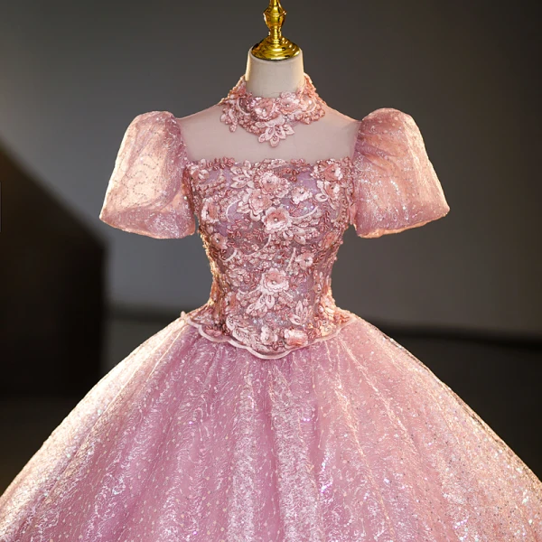 Bling Bling Elegant Candy Pink Rhinestone Sequins Lace Flower Prom Dresses 2023 Ball Gown High Neck Short Sleeve Backless Floor-Length / Long Prom
