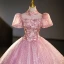 Bling Bling Elegant Candy Pink Rhinestone Sequins Lace Flower Prom Dresses 2023 Ball Gown High Neck Short Sleeve Backless Floor-Length / Long Prom
