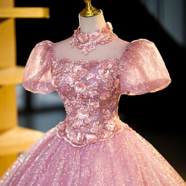 Bling Bling Elegant Candy Pink Rhinestone Sequins Lace Flower Prom Dresses 2023 Ball Gown High Neck Short Sleeve Backless Floor-Length / Long Prom