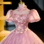 Bling Bling Elegant Candy Pink Rhinestone Sequins Lace Flower Prom Dresses 2023 Ball Gown High Neck Short Sleeve Backless Floor-Length / Long Prom