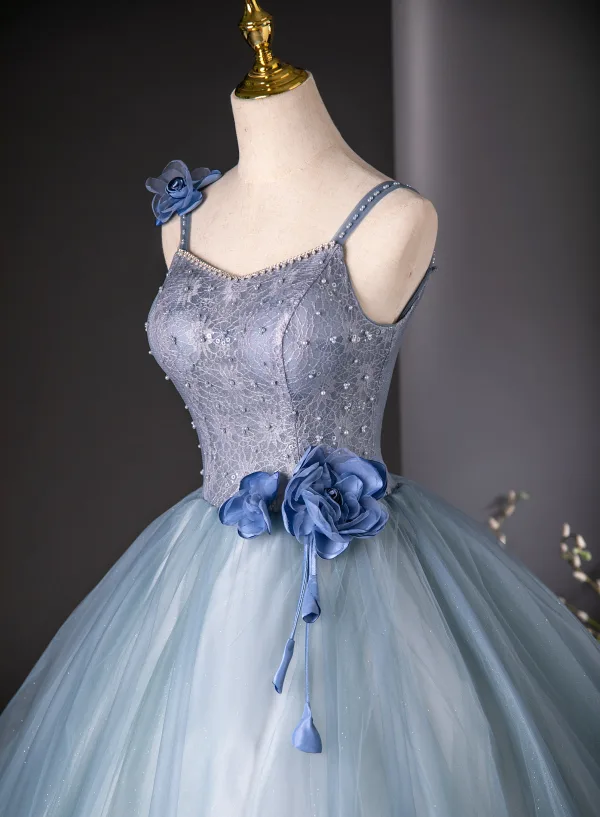 Chic / Beautiful Sky Blue Pearl Rhinestone Appliques Prom Dresses 2024 Ball Gown Spaghetti Straps Sleeveless Backless Floor-Length / Long Prom Formal Dresses