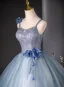 Chic / Beautiful Sky Blue Pearl Rhinestone Appliques Prom Dresses 2024 Ball Gown Spaghetti Straps Sleeveless Backless Floor-Length / Long Prom Formal Dresses