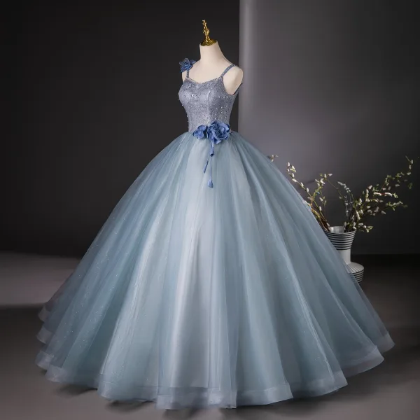 Chic / Beautiful Sky Blue Pearl Rhinestone Appliques Prom Dresses 2024 Ball Gown Spaghetti Straps Sleeveless Backless Floor-Length / Long Prom Formal Dresses
