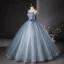 Chic / Beautiful Sky Blue Pearl Rhinestone Appliques Prom Dresses 2024 Ball Gown Spaghetti Straps Sleeveless Backless Floor-Length / Long Prom Formal Dresses
