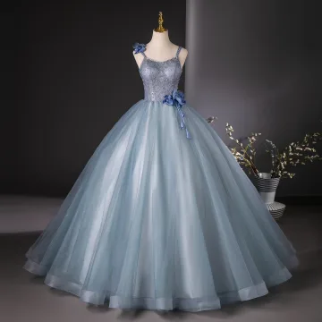 Chic Belle Bleu Ciel Perle Faux Diamant Appliques Robe De Bal 2024 Robe Boule Bretelles Spaghetti Sans Manches Dos Nu Longue Promo Robe De Ceremonie