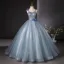 Chic / Beautiful Sky Blue Pearl Rhinestone Appliques Prom Dresses 2024 Ball Gown Spaghetti Straps Sleeveless Backless Floor-Length / Long Prom Formal Dresses