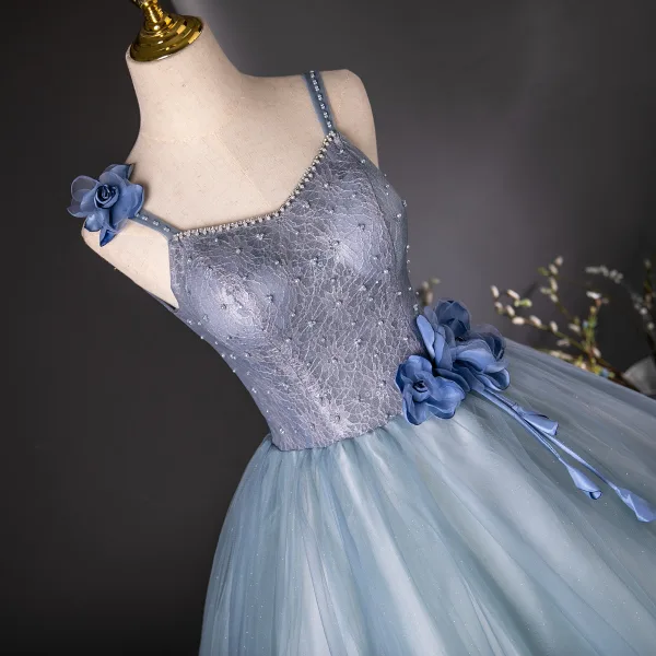 Chic / Beautiful Sky Blue Pearl Rhinestone Appliques Prom Dresses 2024 Ball Gown Spaghetti Straps Sleeveless Backless Floor-Length / Long Prom Formal Dresses