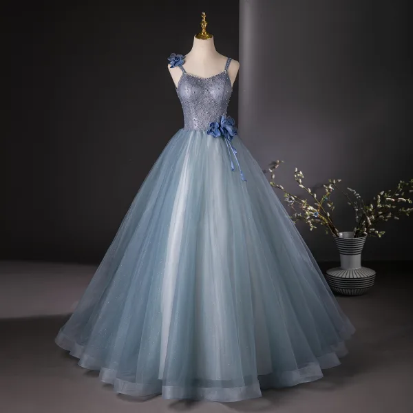Chic / Beautiful Sky Blue Pearl Rhinestone Appliques Prom Dresses 2024 Ball Gown Spaghetti Straps Sleeveless Backless Floor-Length / Long Prom Formal Dresses