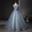 Chic / Beautiful Sky Blue Pearl Rhinestone Appliques Prom Dresses 2024 Ball Gown Spaghetti Straps Sleeveless Backless Floor-Length / Long Prom Formal Dresses