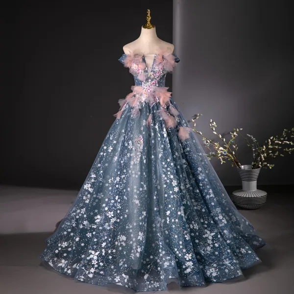 Flower Fairy Ocean Blue Sequins Appliques Prom Dresses 2024 Ball Gown Off-The-Shoulder Sleeveless Backless Floor-Length / Long Prom Formal Dresses