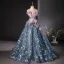 Flower Fairy Ocean Blue Sequins Appliques Prom Dresses 2024 Ball Gown Off-The-Shoulder Sleeveless Backless Floor-Length / Long Prom Formal Dresses