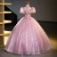 Bling Bling Elegant Candy Pink Rhinestone Sequins Lace Flower Prom Dresses 2023 Ball Gown High Neck Short Sleeve Backless Floor-Length / Long Prom