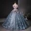 Flower Fairy Ocean Blue Sequins Appliques Prom Dresses 2024 Ball Gown Off-The-Shoulder Sleeveless Backless Floor-Length / Long Prom Formal Dresses