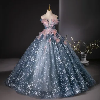 Hada De Las Flores Océano Azul Lentejuelas Apliques Vestidos De Gala 2024 Ball Gown Fuera Del Hombro Sin Mangas Sin Espalda Largos Gala Vestidos Formales