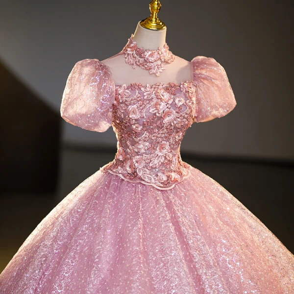 Bling Bling Elegant Candy Pink Rhinestone Sequins Lace Flower Prom Dresses 2023 Ball Gown High Neck Short Sleeve Backless Floor-Length / Long Prom