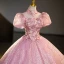 Bling Bling Elegant Candy Pink Rhinestone Sequins Lace Flower Prom Dresses 2023 Ball Gown High Neck Short Sleeve Backless Floor-Length / Long Prom