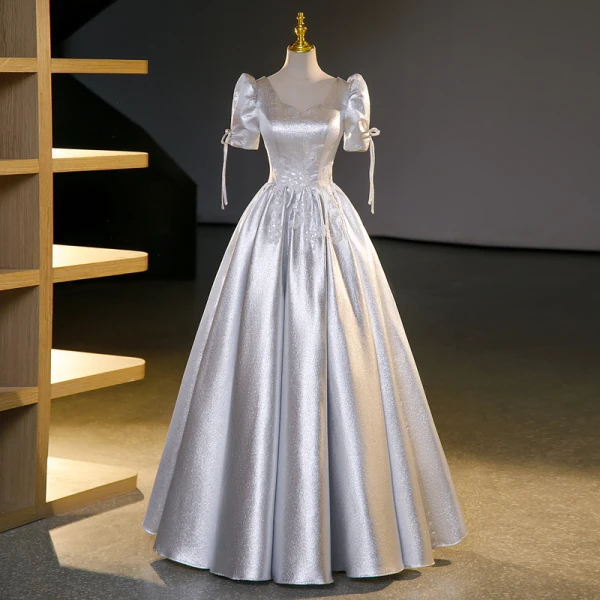 Fashion Silver Beading Sequins Glitter Prom Dresses 2023 Ball Gown Satin Square Neckline Short Sleeve Backless Floor-Length / Long Prom Formal Dresses