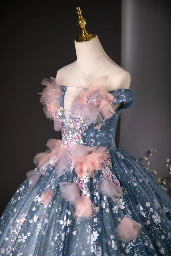 Flower Fairy Ocean Blue Sequins Appliques Prom Dresses 2024 Ball Gown Off-The-Shoulder Sleeveless Backless Floor-Length / Long Prom Formal Dresses