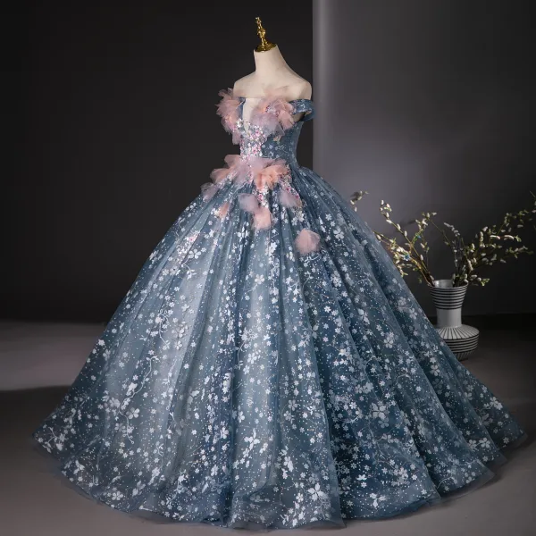 Flower Fairy Ocean Blue Sequins Appliques Prom Dresses 2024 Ball Gown Off-The-Shoulder Sleeveless Backless Floor-Length / Long Prom Formal Dresses