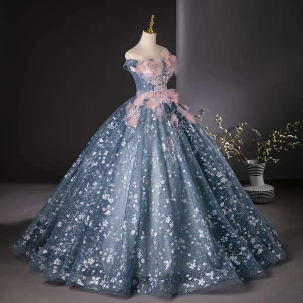 Flower Fairy Ocean Blue Sequins Appliques Prom Dresses 2024 Ball Gown Off-The-Shoulder Sleeveless Backless Floor-Length / Long Prom Formal Dresses
