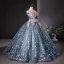 Flower Fairy Ocean Blue Sequins Appliques Prom Dresses 2024 Ball Gown Off-The-Shoulder Sleeveless Backless Floor-Length / Long Prom Formal Dresses