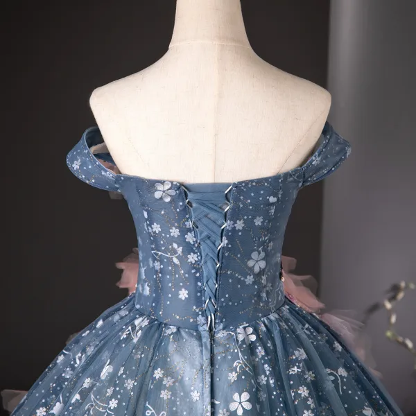 Flower Fairy Ocean Blue Sequins Appliques Prom Dresses 2024 Ball Gown Off-The-Shoulder Sleeveless Backless Floor-Length / Long Prom Formal Dresses