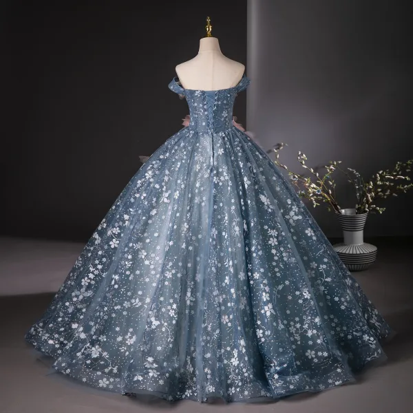 Flower Fairy Ocean Blue Sequins Appliques Prom Dresses 2024 Ball Gown Off-The-Shoulder Sleeveless Backless Floor-Length / Long Prom Formal Dresses