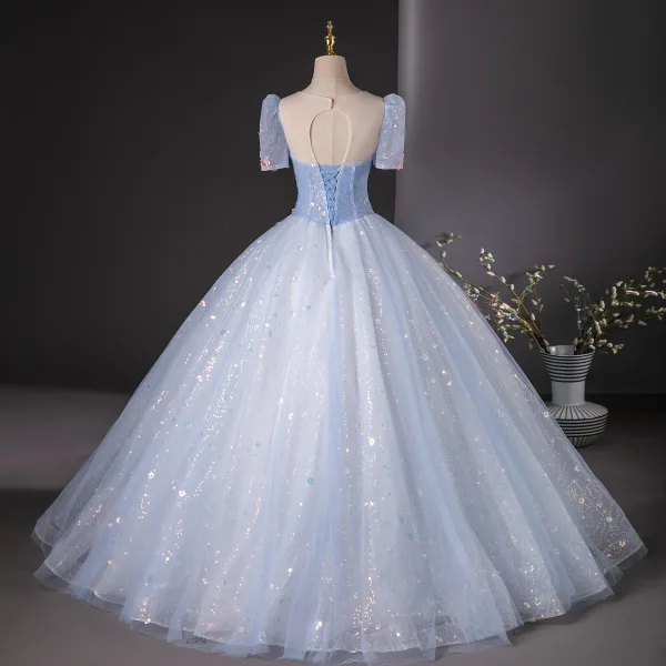 Elegant Sky Blue Sequins Lace Flower Beading Prom Dresses 2024 Ball Gown Scoop Neck Short Sleeve Backless Floor-Length / Long Prom Formal Dresses