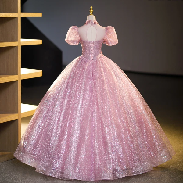 Bling Bling Elegant Candy Pink Rhinestone Sequins Lace Flower Prom Dresses 2023 Ball Gown High Neck Short Sleeve Backless Floor-Length / Long Prom