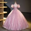 Bling Bling Elegant Candy Pink Rhinestone Sequins Lace Flower Prom Dresses 2023 Ball Gown High Neck Short Sleeve Backless Floor-Length / Long Prom