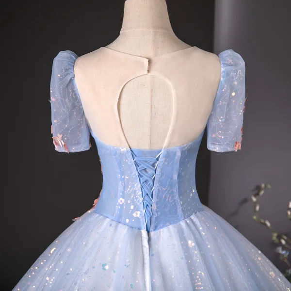 Elegant Sky Blue Sequins Lace Flower Beading Prom Dresses 2024 Ball Gown Scoop Neck Short Sleeve Backless Floor-Length / Long Prom Formal Dresses