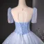 Elegant Sky Blue Sequins Lace Flower Beading Prom Dresses 2024 Ball Gown Scoop Neck Short Sleeve Backless Floor-Length / Long Prom Formal Dresses