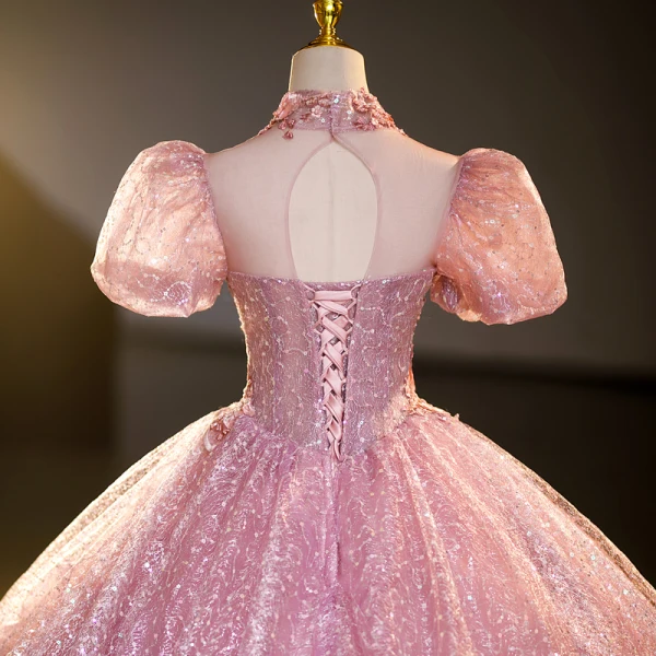 Bling Bling Elegant Candy Pink Rhinestone Sequins Lace Flower Prom Dresses 2023 Ball Gown High Neck Short Sleeve Backless Floor-Length / Long Prom
