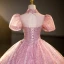 Bling Bling Elegant Candy Pink Rhinestone Sequins Lace Flower Prom Dresses 2023 Ball Gown High Neck Short Sleeve Backless Floor-Length / Long Prom