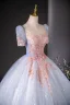 Elegant Sky Blue Sequins Lace Flower Beading Prom Dresses 2024 Ball Gown Scoop Neck Short Sleeve Backless Floor-Length / Long Prom Formal Dresses