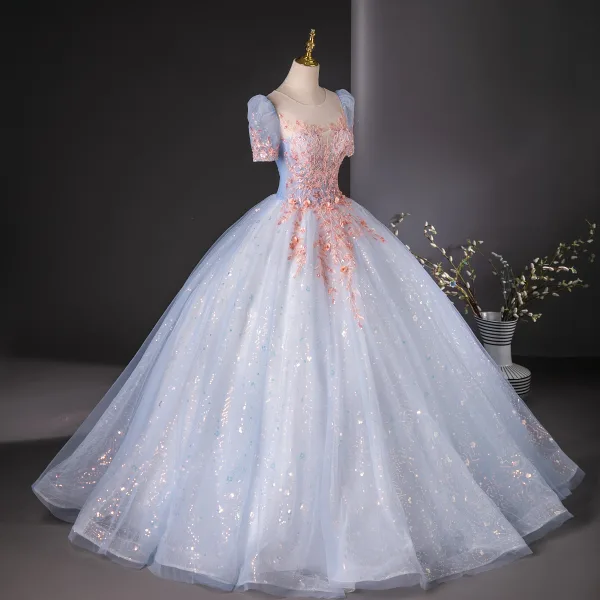 Elegant Sky Blue Sequins Lace Flower Beading Prom Dresses 2024 Ball Gown Scoop Neck Short Sleeve Backless Floor-Length / Long Prom Formal Dresses