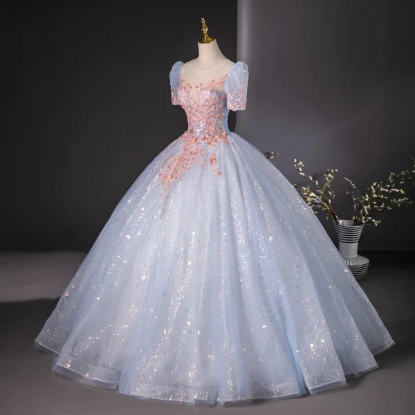 Elegant Sky Blue Sequins Lace Flower Beading Prom Dresses 2024 Ball Gown Scoop Neck Short Sleeve Backless Floor-Length / Long Prom Formal Dresses
