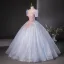 Elegant Sky Blue Sequins Lace Flower Beading Prom Dresses 2024 Ball Gown Scoop Neck Short Sleeve Backless Floor-Length / Long Prom Formal Dresses