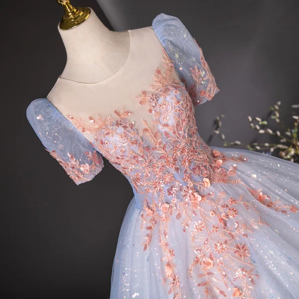 Elegant Sky Blue Sequins Lace Flower Beading Prom Dresses 2024 Ball Gown Scoop Neck Short Sleeve Backless Floor-Length / Long Prom Formal Dresses