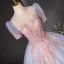 Elegant Sky Blue Sequins Lace Flower Beading Prom Dresses 2024 Ball Gown Scoop Neck Short Sleeve Backless Floor-Length / Long Prom Formal Dresses